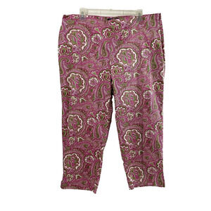 Talbots Pants Womens Size Medium Pink‎ Green Paisley Capri Slacks Side Zip